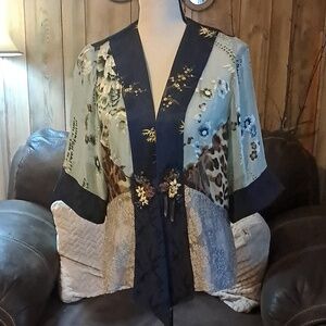 Spencer Alexis Navy Blue Floral Si Kimono Top Jacket Lace Cover Up Metallic Boho